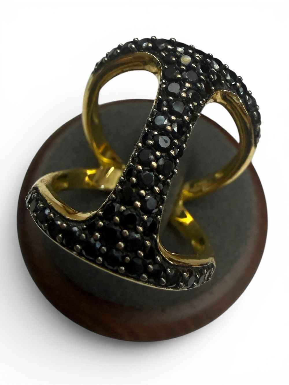 Bellazza Italy Gold Tone Black Crystal Statement Ring Size 8
